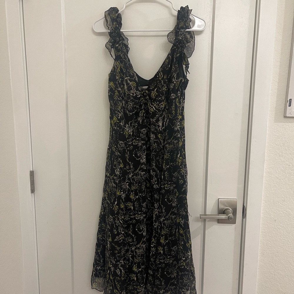 Vintage Silk Fairycore Whimseygoth Black Floral Midi Dress with Yellow Accents
